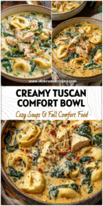 Bowl of creamy chicken tortellini soup with spinach and Tuscan herbs on a rustic table